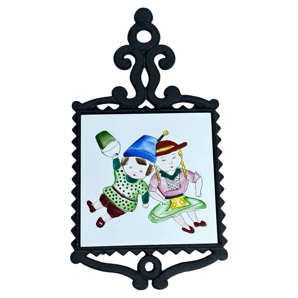 Cast Iron Trivet Hansel & Gretel Hand Painted Tile Made in Japan Vintage